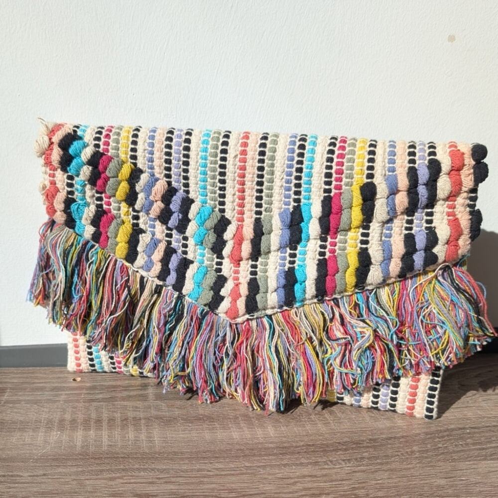 Shiraleah Boho Fringe Clutch Woven Foldover Cotton Bag Beach Resort Vacation